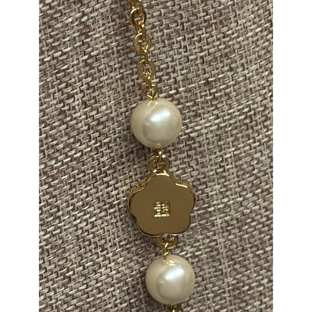 Givenchy Gold Tone Faux Pearl Flower Station Necklace 40 Inch Long Logo Charms - Picture 11 of 13